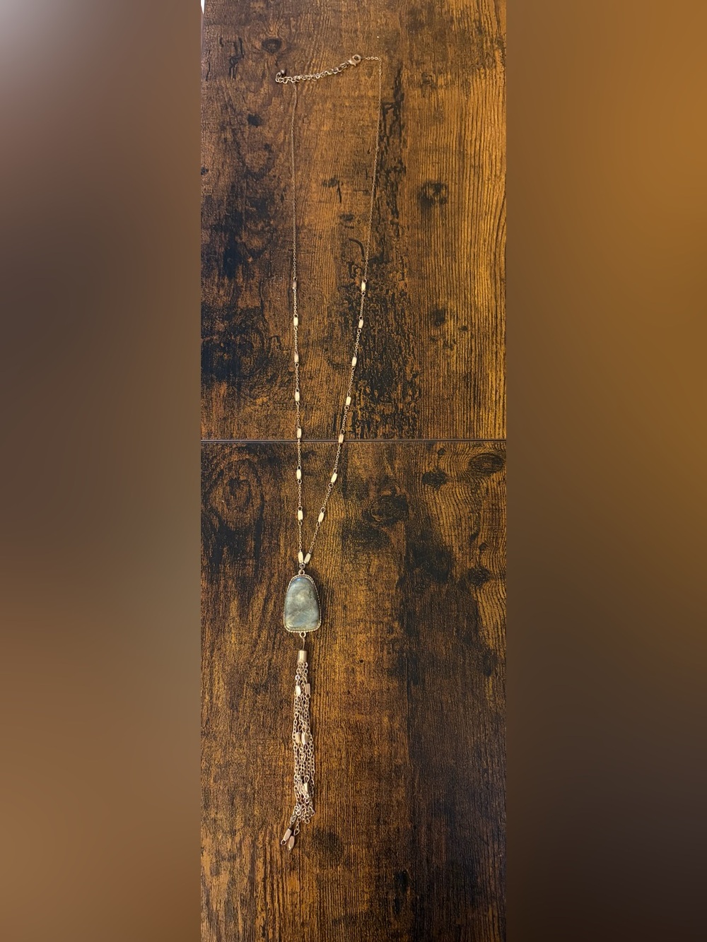Gold Long Pendant Necklace with Blue-Green Stone